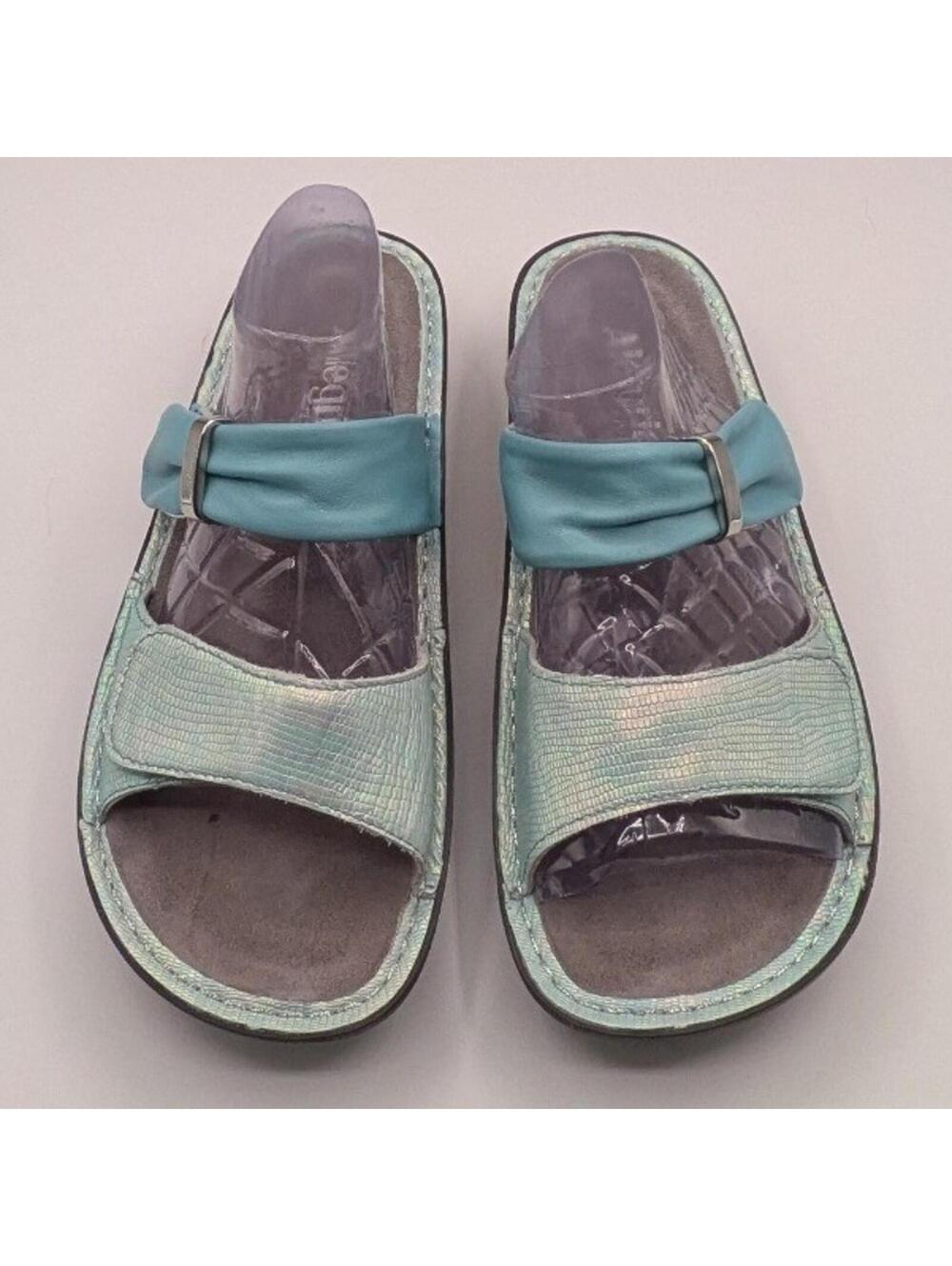 Alegria EU 38 Mint Teal Iridescent Leather Adjustable Comfort Wedge Sandals